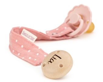 Pacifier strap with engraved names for babies⎮girls and boys⎮wood - natural⎮Personalized pacifier chain⎮pink dots