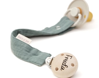 Pacifier strap with engraved names for babies⎮girls and boys⎮wood - natural⎮Personalized pacifier chain⎮dark mint