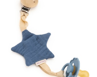 Muslin pacifier holder for babies⎮Personalized pacifier chain⎮Wood - natural⎮with muslin fabric/cotton⎮Indigo star