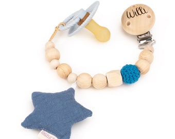 Pacifier chain with engraved names for babies⎮Personalized pacifier chain⎮Wood - natural⎮with muslin fabric/cotton⎮Indigo star
