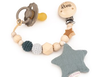 Pacifier chain with engraved names for babies⎮Personalized pacifier chain⎮Wood - natural⎮with muslin fabric/cotton⎮Dark mint star