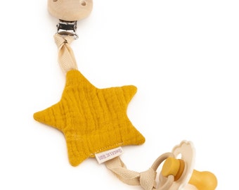 Muslin pacifier holder for babies⎮Personalized pacifier chain⎮Wood - natural⎮with muslin fabric/cotton⎮Mustard yellow star