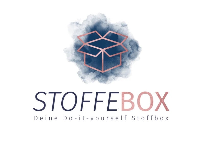 May include: A logo for a company called "Stoffebox" with the tagline "Deine Do-it-yourself Stoffbox". The logo features a stylised open box with a blue background and a rose gold outline. The logo is set against a watercolour background.