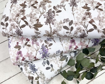 Tissu jersey gaufré – motif fleurs et plantes blanc – Öko-tex-100 motif floral réf. 2091-