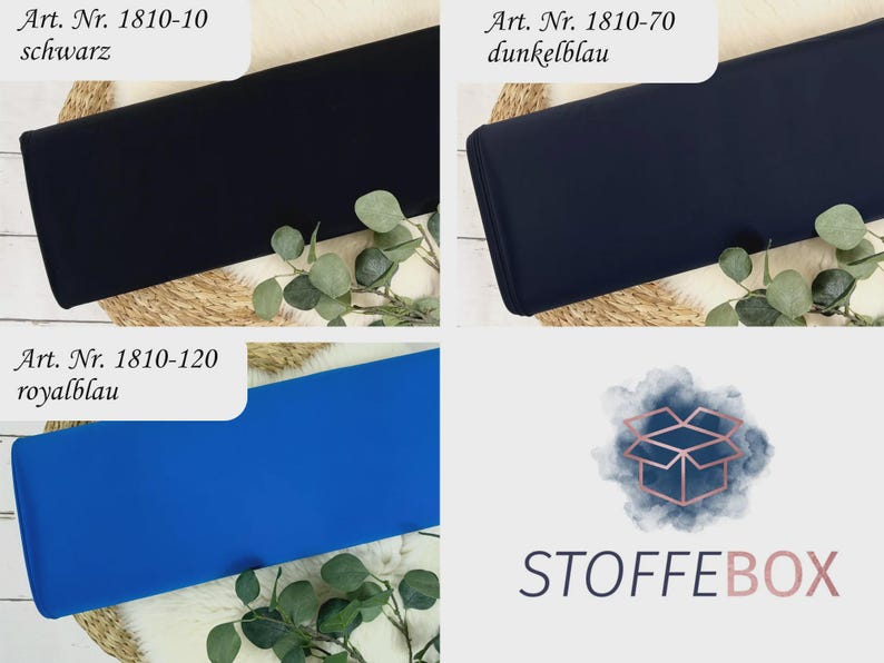 May include: Three fabric swatches in black, dark blue, and royal blue. The swatches are laid out on a woven surface with green leafy branches. The text "Art. Nr. 1810-10 schwarz", "Art. Nr. 1810-70 dunkelblau", and "Art. Nr. 1810-120 royalblau" is visible above each swatch. The text "STOFFEBOX" is visible in the bottom right corner of the image.