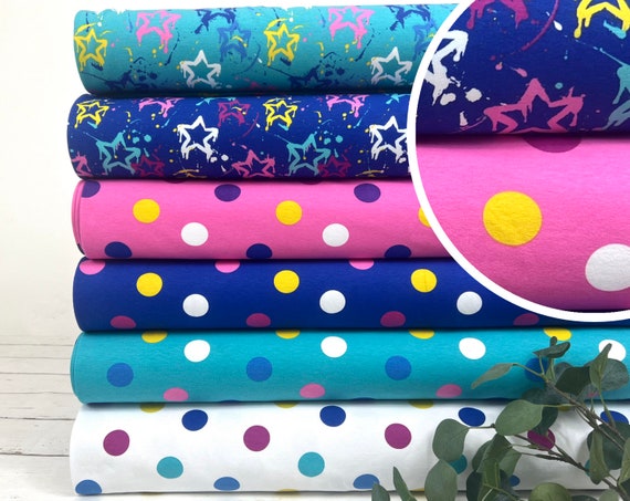 French Terry Stoff – große Punkte Polka Dots, Sterne in mint, blau, pink, weiß – Öko-Tex 100, Sommersweat Nr. 301-