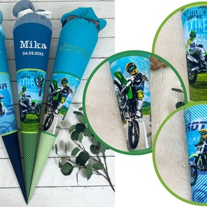 Cône d'école en tissu avec nom - Moto de motocross turquoise, vert, bleu denim (sélectionnable 70 cm, 85 cm) - personnalisé, en option avec oreiller