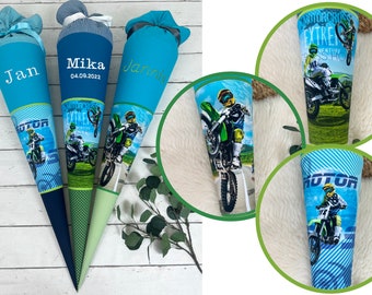 School cone made of fabric with name - motocross motorcycle turquoise, green, jeans blue colors (selectable 70 cm, 85 cm) - personalized, optionally with cushion