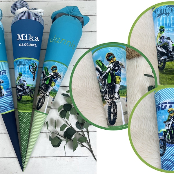 School cone made of fabric with name - motocross motorcycle turquoise, green, jeans blue colors (selectable 70 cm, 85 cm) - personalized, optionally with cushion