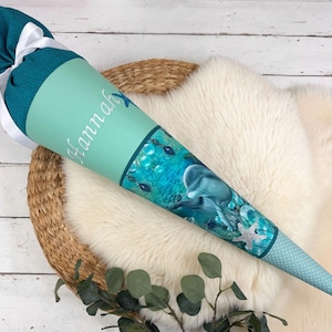 School cone made of fabric with name - dolphins underwater world mint, turquoise (70 cm, 85 cm, 35 cm) - candy cone personalized, optionally with pillow