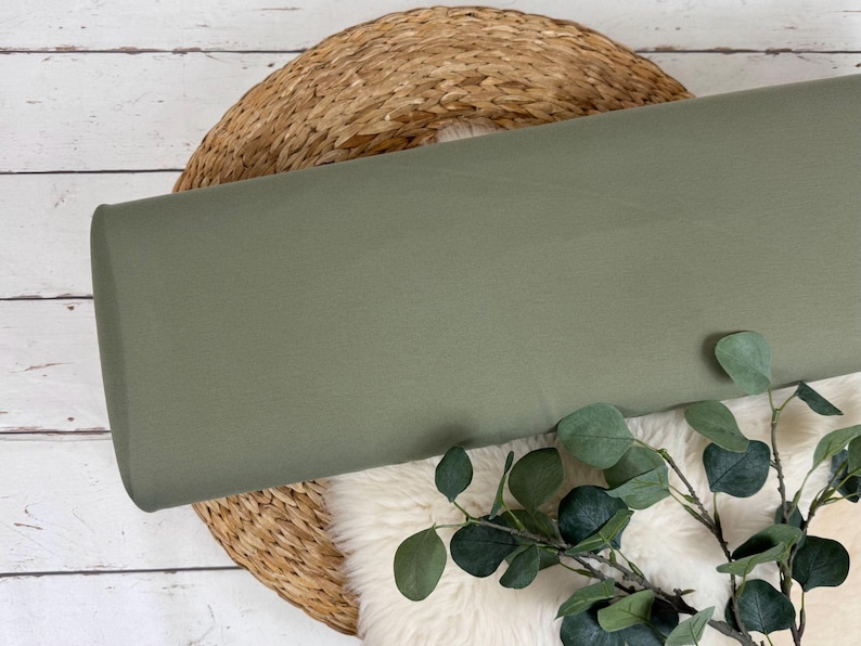 Punta di Roma Romanit Jersey Fabric by the Meter - Solid colors: black, brown, sand, denim blue, blue, lilac, mint, pink, olive green, purple 2500- rauch olivgrün -663