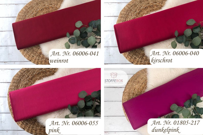 May include: Four fabric swatches in different shades of red and pink. The swatches are labeled with their corresponding article numbers and color names: "Art. Nr. 06006-041 weinrot", "Art. Nr. 06006-040 kirschrot", "Art. Nr. 06006-055 pink", and "Art. Nr. 01805-217 dunkelpink".