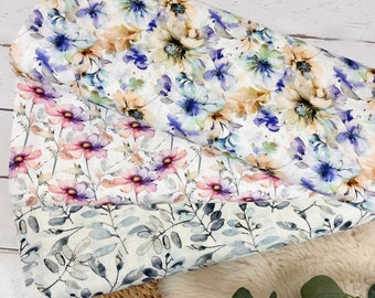 Tissu lin viscose – motif aquarelle de fleurs d'eucalyptus écru N° d'art. 2001- à partir de 50 cm