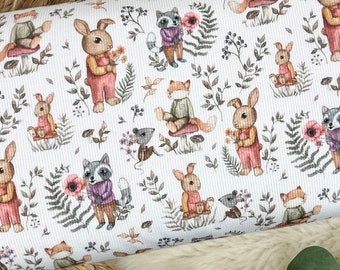 Rib jersey fabric - forest animals pattern in ecru - Öko-tex-100 item no. 2071-016