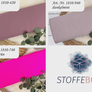May include: Three fabric swatches in different colors: a dusty rose, a light pink, and a bright fuchsia. The swatches are labeled with their corresponding article numbers and color names in German: "Art. Nr. 1810-420 petrol", "Art. Nr. 1810-940 dunkelmint", and "Art. Nr. 1810-740 tannengr&uuml;n". The image also includes the logo "STOFFEBOX".