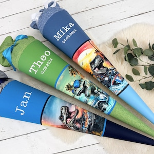 Cône d'école dinosaure T-Rex avec nom en vert, bleu et bleu jeans 70 cm, 85 cm - cornet de sucre personnalisé, en option avec coussin
