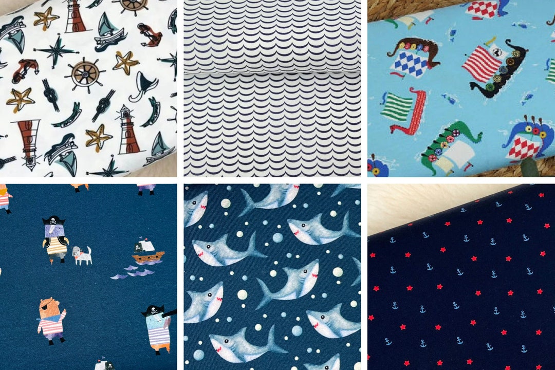 Jersey Stoff Maritim Kinderstoffe Leuchtturm, Schiffe, Anker, Hai