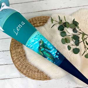 Cône d'école en tissu avec nom - tortues créatures marines pétrole, bleu foncé (70 cm, 85 cm) - sachet de sucre personnalisé, en option avec oreiller
