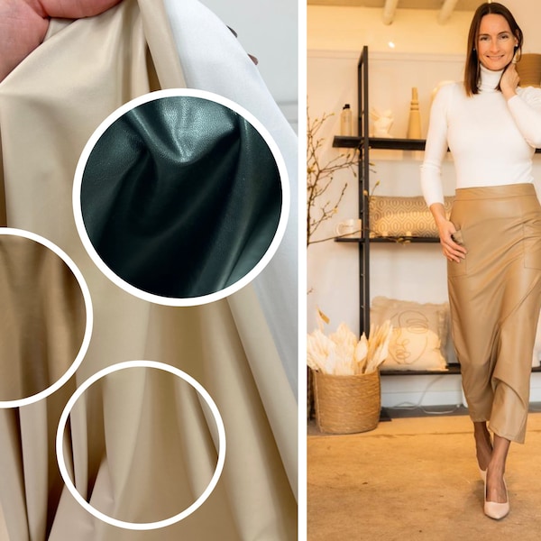 veganes Stretch Leder Stoff – dünnes Kunstleder für Bekleidung in taupe, beige und schwarz 4600-