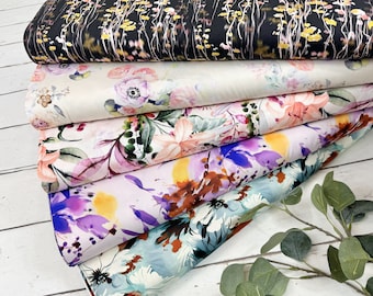 Tissu viscose stretch avec élasthanne - motif floral en noir, lilas, jaune pastel, vieux vert, abricot - tissu chemisier Oeko-Tex 100 5002-