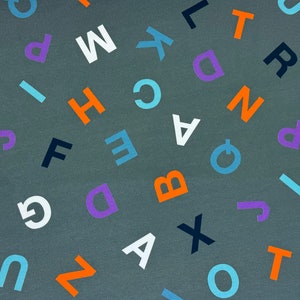 Tela French Terry - letras del alfabeto de colores en gris - sudor de verano, Oeko-Tex-100 301-089