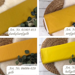 May include: Four fabric swatches in different shades of yellow. The swatches are labeled with their corresponding article numbers and color names: 01805-033 dark mustard yellow, 06194-044 mustard yellow, 06006-020 yellow, and 06006-030 light yellow.