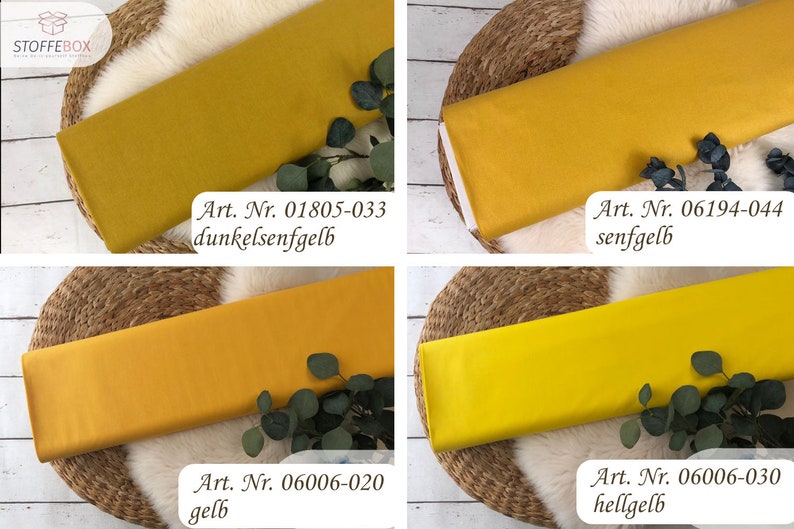 May include: Four fabric swatches in different shades of yellow. The swatches are labeled with their corresponding article numbers and color names: 01805-033 dark mustard yellow, 06194-044 mustard yellow, 06006-020 yellow, and 06006-030 light yellow.