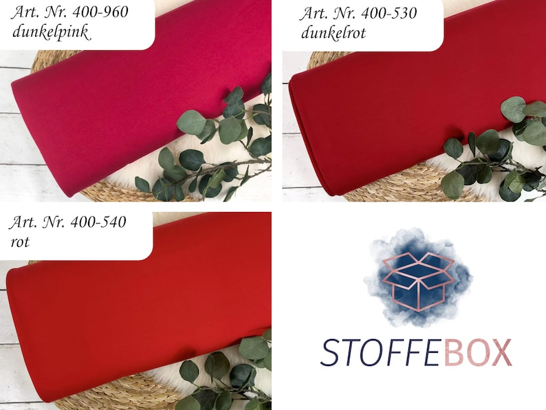 Puede incluir: Tres muestras de tela en diferentes tonos de rojo. La muestra superior izquierda est&aacute; etiquetada como "Art. Nr. 400-960 dunkelpink", la muestra superior derecha est&aacute; etiquetada como "Art. Nr. 400-530 dunkelrot", y la muestra inferior izquierda est&aacute; etiquetada como "Art. Nr. 400-540 rot". Las muestras se muestran sobre una superficie tejida con hojas verdes.