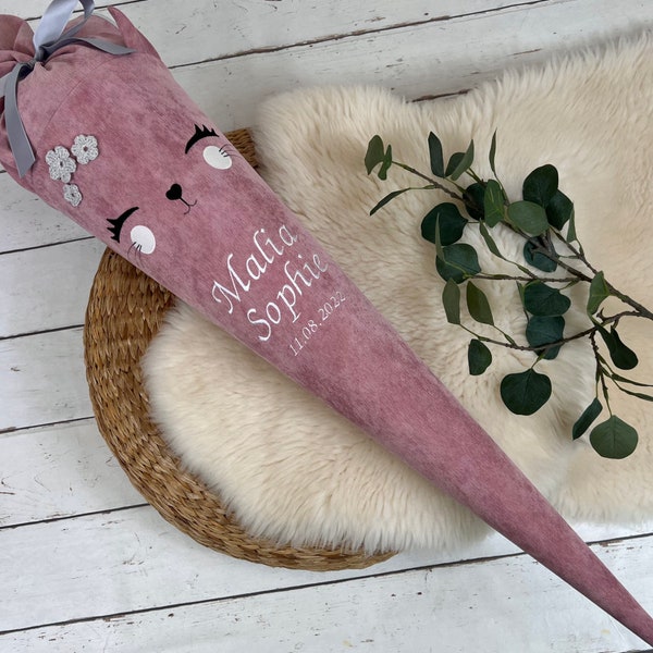 Schultüte aus Stoff mit Namen – Katze in rosa oder pink (70cm, 85cm, 35cm) – Zuckertüte personalisiert, optional mit Kissen