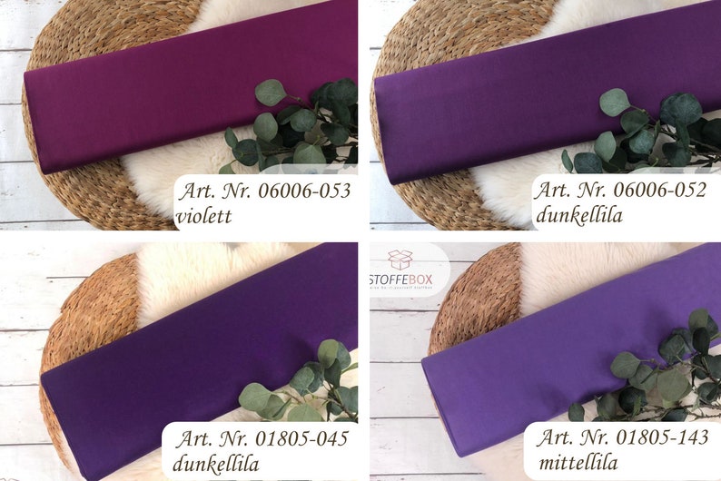 May include: Four fabric swatches in different shades of purple. The swatches are labeled with their article numbers and color names: "Art. Nr. 06006-053 violett", "Art. Nr. 06006-052 dunkellila", "Art. Nr. 01805-045 dunkellila", and "Art. Nr. 01805-143 mittellila".