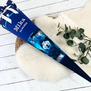 Cône d'école avec nom - loup bleu, bleu foncé 70 cm, 85 cm, 35 cm - cornet de sucre personnalisé, en option avec oreiller