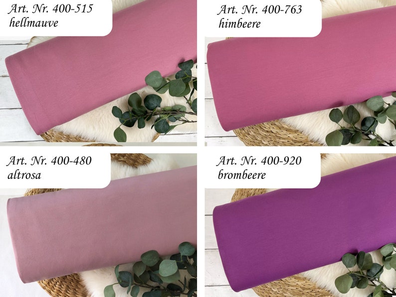 Puede incluir: Cuatro muestras de tela en diferentes tonos de rosa y morado. Las muestras est&aacute;n etiquetadas con sus nombres de color y n&uacute;meros de art&iacute;culo correspondientes: "Art. Nr. 400-515 hellmauve", "Art. Nr. 400-763 himbeere", "Art. Nr. 400-480 altrosa" y "Art. Nr. 400-920 brombeere".