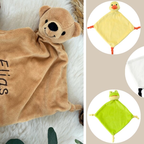 Schnuffeltuch mit Namen für Babys - Teddybär, Panda, Ente, Frosch - Schmusetuch, Babyschmusetuch, Kuscheltuch personalisiert