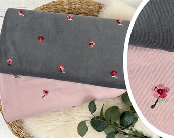 Feincord, Babycord – bestickte Blumen in rosa und grau – Öko-Tex 100 Art-Nr. 501