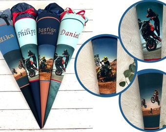 School cone made of fabric with name - motocross motorcycle dark blue, petrol, mint, blue (selectable 70 cm, 85 cm) - personalized, optionally with cushion