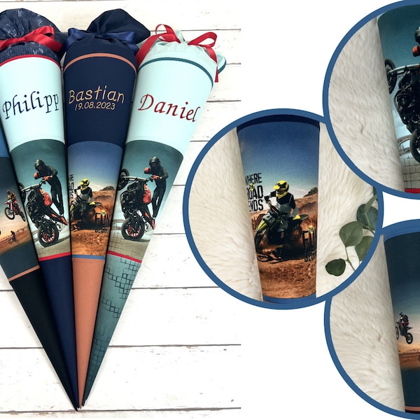 Schultüte aus Stoff mit Namen - Motocross Motorrad dunkelblau, petrol, mint, blau (wählbar 70cm, 85cm) - personalisiert, optional mit Kissen