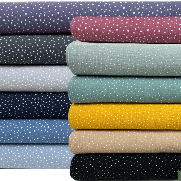 Musselin Stoff / Double Gauze - weiße Punkte Polka Dots schwarz, hellgrau, grau, beige, blau, hellblau, altrosa, mint - Öko-Tex 100 1001-