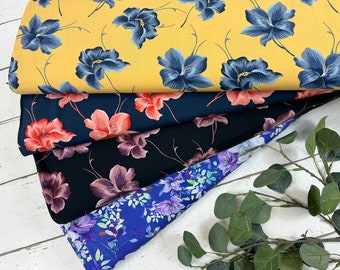 Viscose fabrics - large floral pattern in black, midnight blue, mustard yellow Art. 5001-