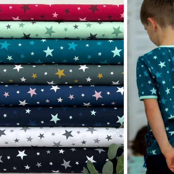 Cotton jersey - irregular colorful stars in black, dark pink, petrol, pastel green, white, dark blue, green - Oeko-Tex-100 fabric package 201