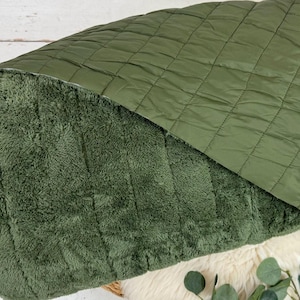 May include: A soft, green, plush throw blanket with a quilted, green, reversible side. The blanket is folded in half and the quilted side is facing up.