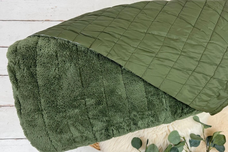 May include: A soft, green, plush throw blanket with a quilted, green, reversible side. The blanket is folded in half and the quilted side is facing up.