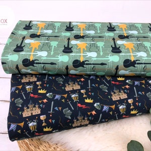 Jersey - Children&#39;s Fabrics (Guitar/Music) (Knight&#39;s Castle) dark blue/mint (www.Stoffebox.de) 114-201, 115-201