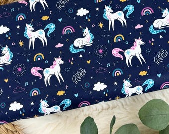 Cotton poplin fabric – unicorn pattern in dark blue – Oeko-Tex 100, Swafing No. 101-188