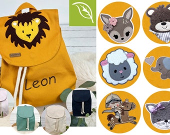 Sac à dos bio pour maternelle avec noms - lion, faon, ours en peluche, éléphant, mouton, chat en jaune, bleu, rose, menthe, naturel