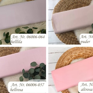May include: Four fabric swatches in different shades of pink, displayed on woven placemats. The swatches are labeled with their corresponding color names and article numbers: "helllila", "puder", "hellrosa", and "altrosa".
