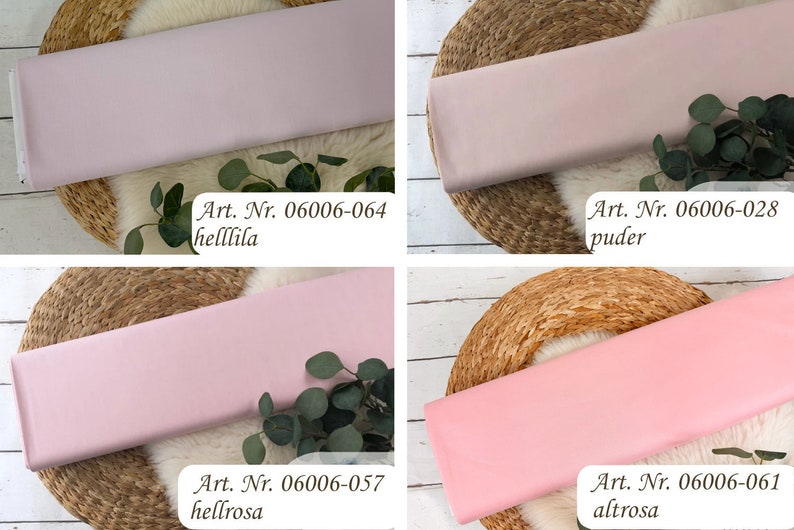 May include: Four fabric swatches in different shades of pink, displayed on woven placemats. The swatches are labeled with their corresponding color names and article numbers: "helllila", "puder", "hellrosa", and "altrosa".