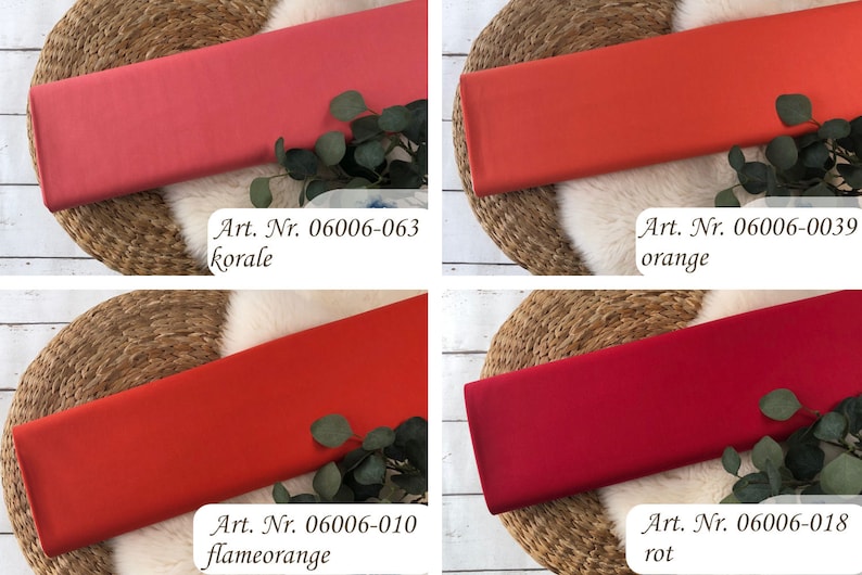 May include: Four fabric swatches in different shades of red and orange. The swatches are labeled with their corresponding article numbers and color names: "Art. Nr. 06006-063 korale", "Art. Nr. 06006-0039 orange", "Art. Nr. 06006-010 flameorange", and "Art. Nr. 06006-018 rot".