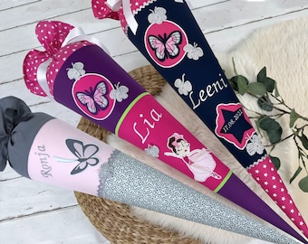 Schultüte aus Stoff mit Name - Schmetterling pink, lila, rosa (70cm, 85cm) - Zuckertüte personalisiert, optional mit Kissen