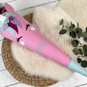Cône d'école en tissu avec nom - visage de licorne rose, menthe (85 cm, 70 cm, 35 cm) - sachet de sucre personnalisé, en option avec oreiller