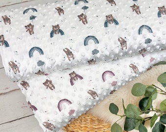 Tissu Minky Dots – Motif ours et arc-en-ciel en blanc Article 9800-